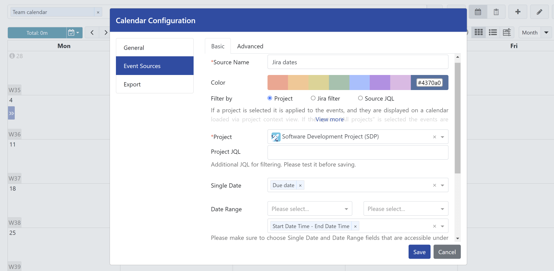 Configure event sources based on data from Jira. All date and date-time fields can be used as a source for events.