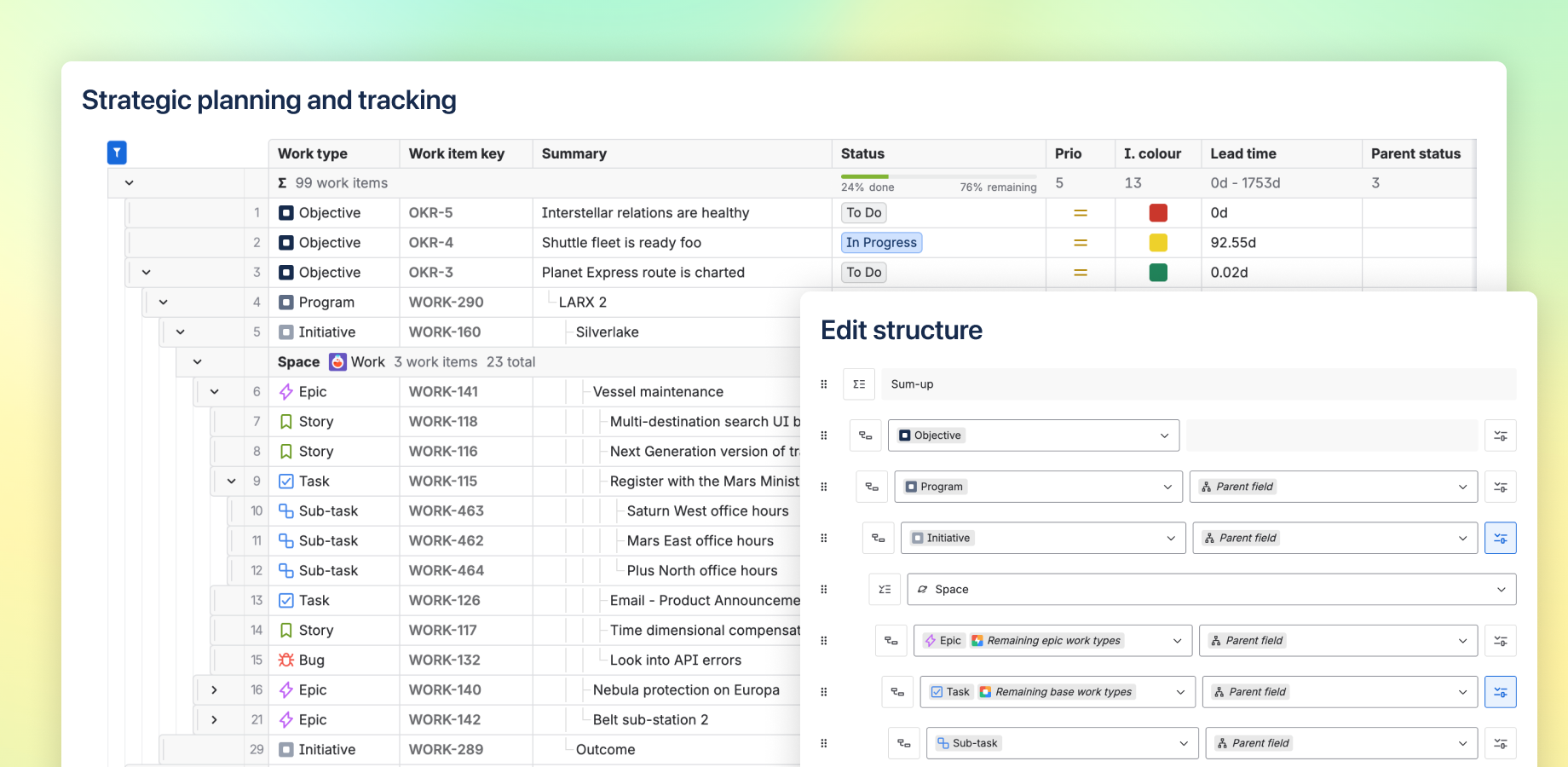 Project management at any scale needs completely custom issue hierarchy. JXL enables you to structure your teams' work just the way you need. Set up hierarchy levels based on issue types and issue links in a breeze.