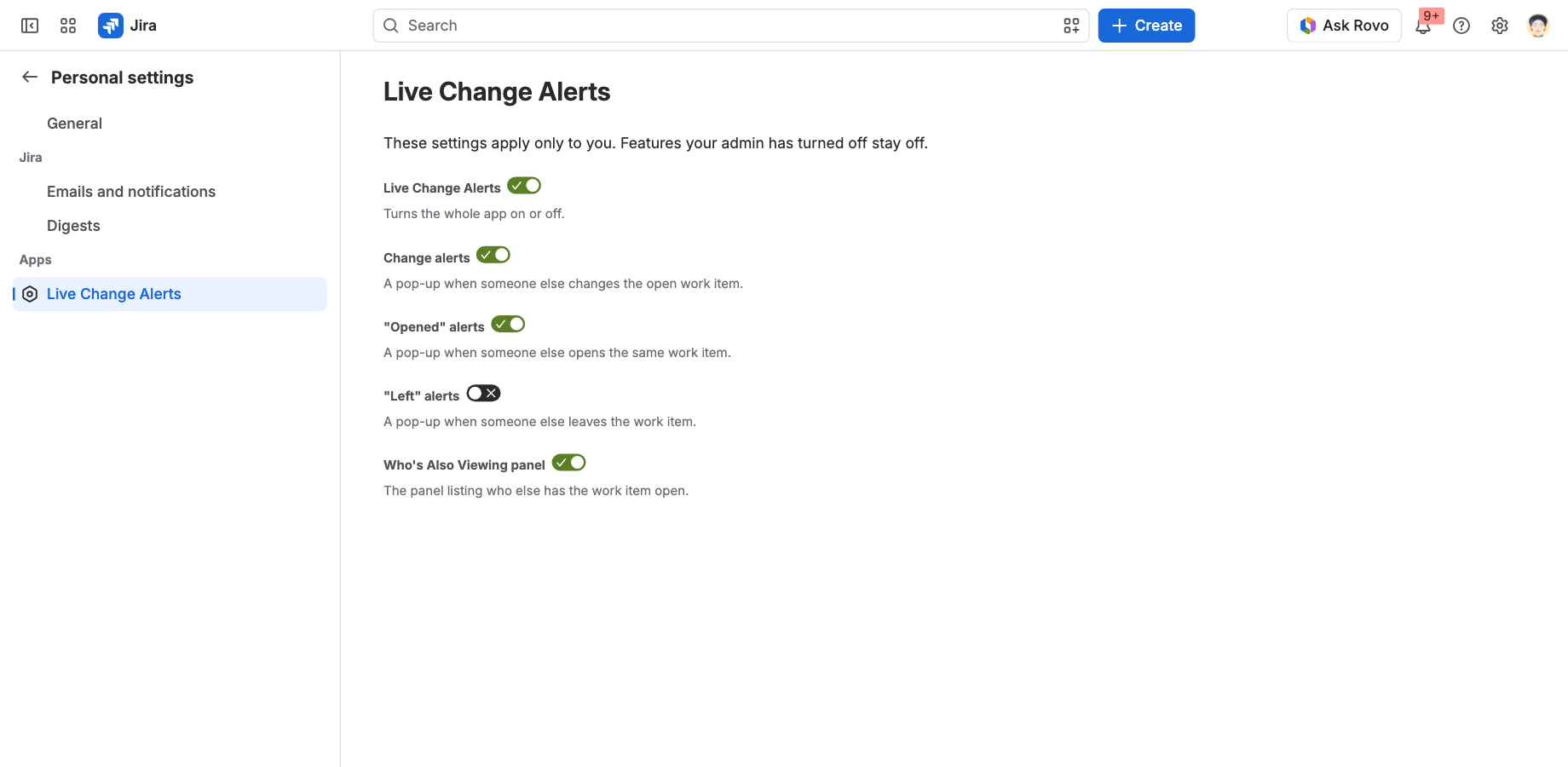 The Live Change Alerts settings page, where Jira admins turn alerts and the viewers panel on or off