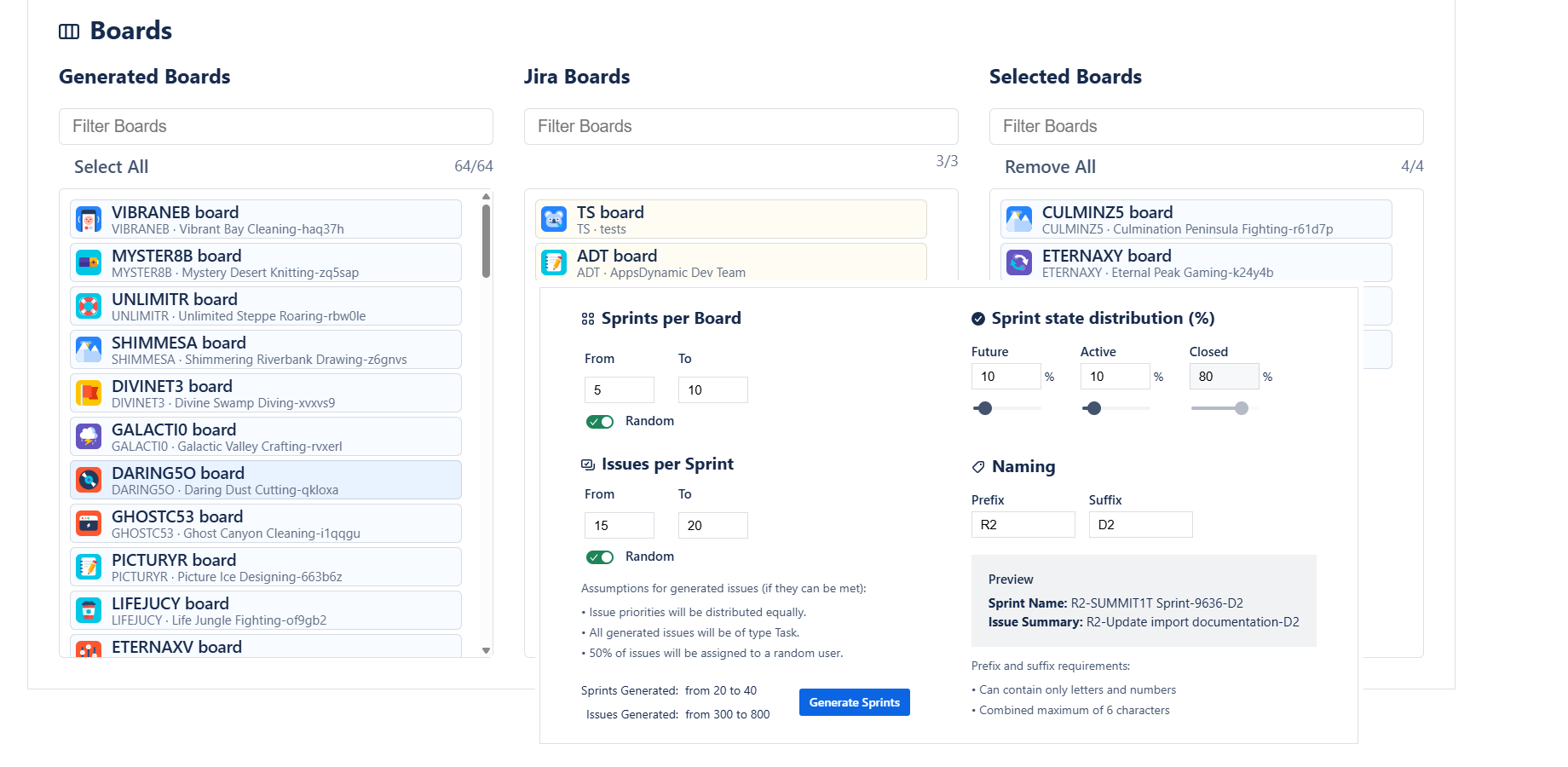Sprint creation with configurable status and issue allocation.