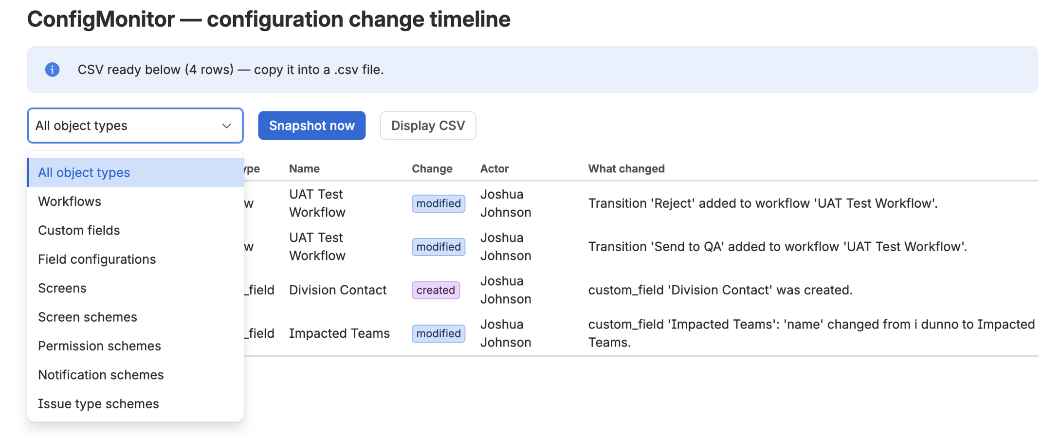 The object-type filter open in ConfigMonitor: switch the timeline between workflows, fields, screens, and schemes in one click — the CSV export follows whatever filter you choose.