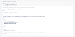 A reply chain rendered in one card: the newest message carries the whole quoted conversation, so the thread reads top to bottom on the page without opening a mail client.