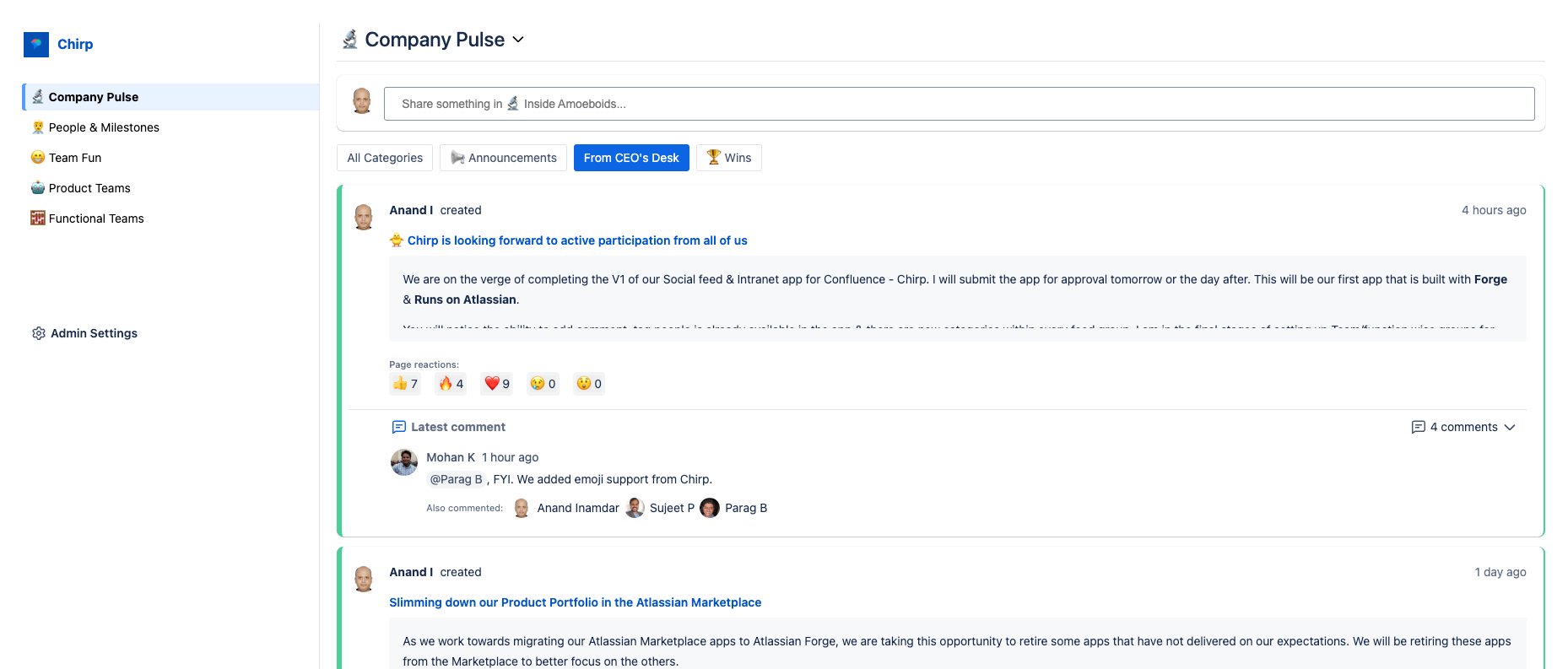 The Chirp feed adds life to Confluence with posts, reactions, and comments that make communication open, authentic, and interactive across every team - especially the remote ones.