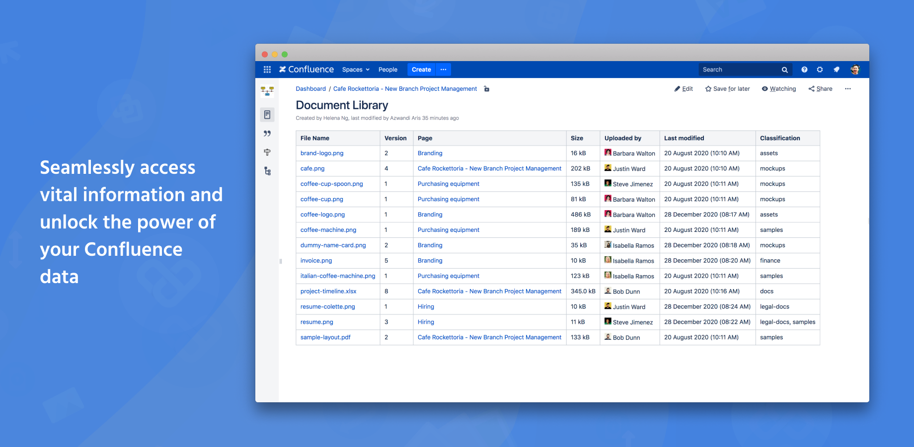 Seamlessly access vital information scattered across your Confluence using metadata from page, space, user or attachment properties.  Dive deeper into Confluence data with unique data suppliers.
