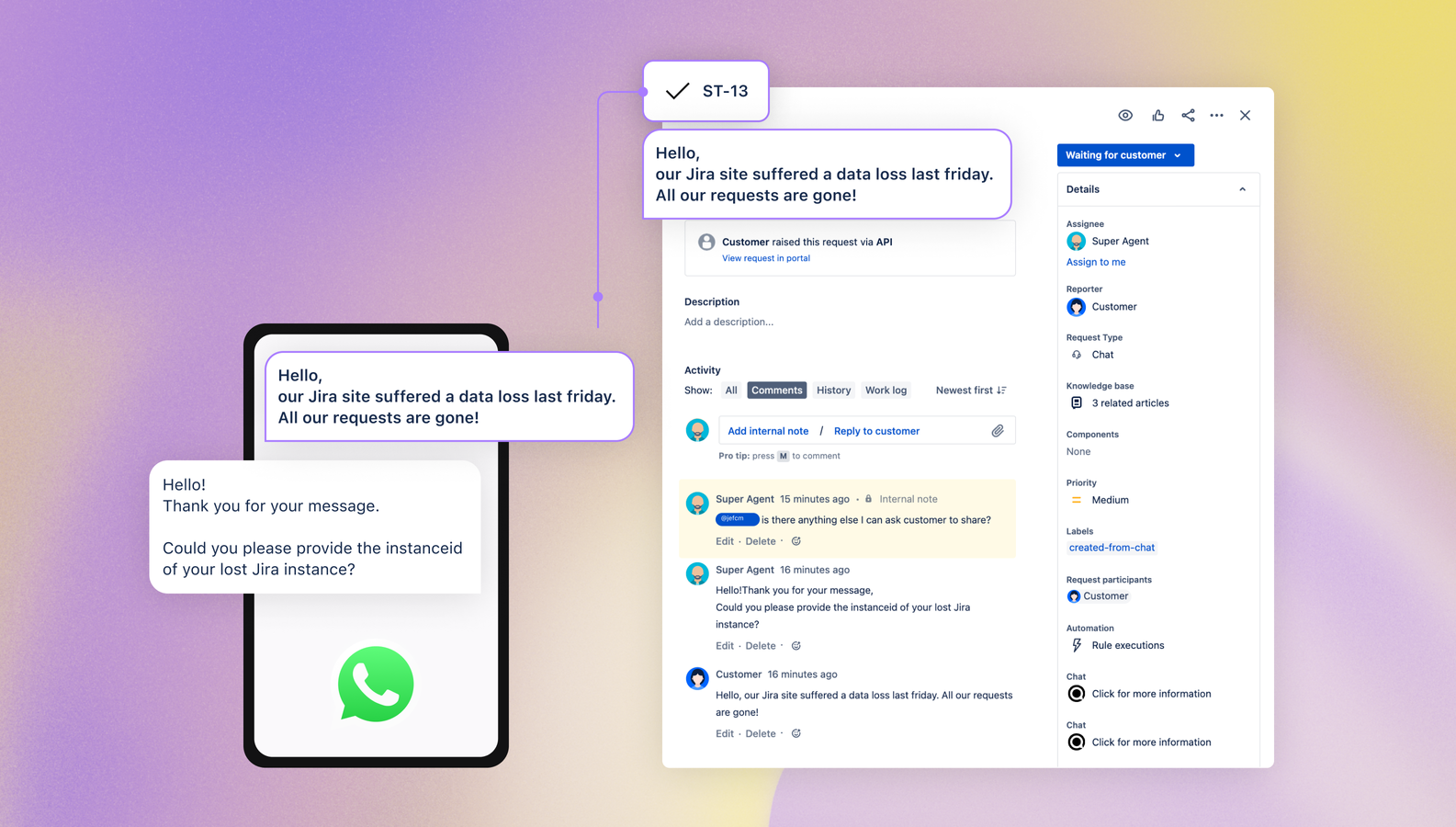 Chat with your customers in real-time and seamlessly turn these conversations into Jira Service Management requests and comments​