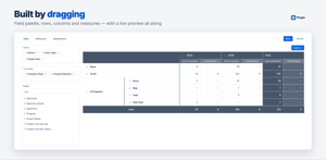 The builder: drag fields between the palette, rows and columns — the pivot updates live as you go, JQL and saved filters set the scope.