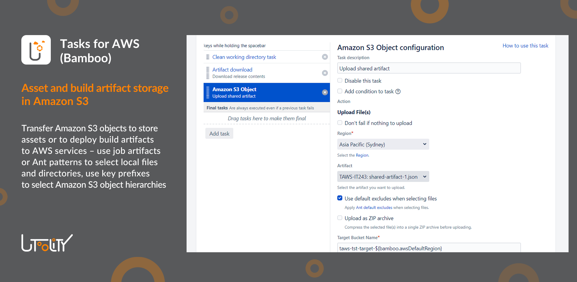 Illustrates the Amazon S3 upload task configuration – note the flexible source selection from build artifacts or via Ant Patterns from local files and directories
