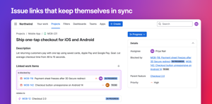 Every pick becomes a Jira issue link. Bugs chosen in Blocked by show under Linked work items as "is blocked by", Parent feature adds "relates to", and removed picks can delete their links.