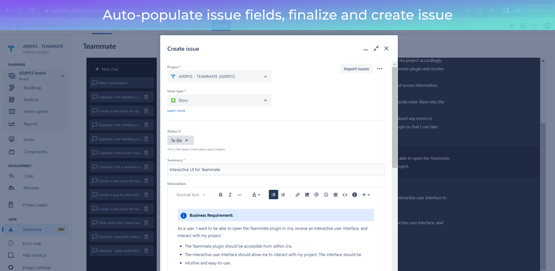 Teammate auto-populates certain key issue fields!