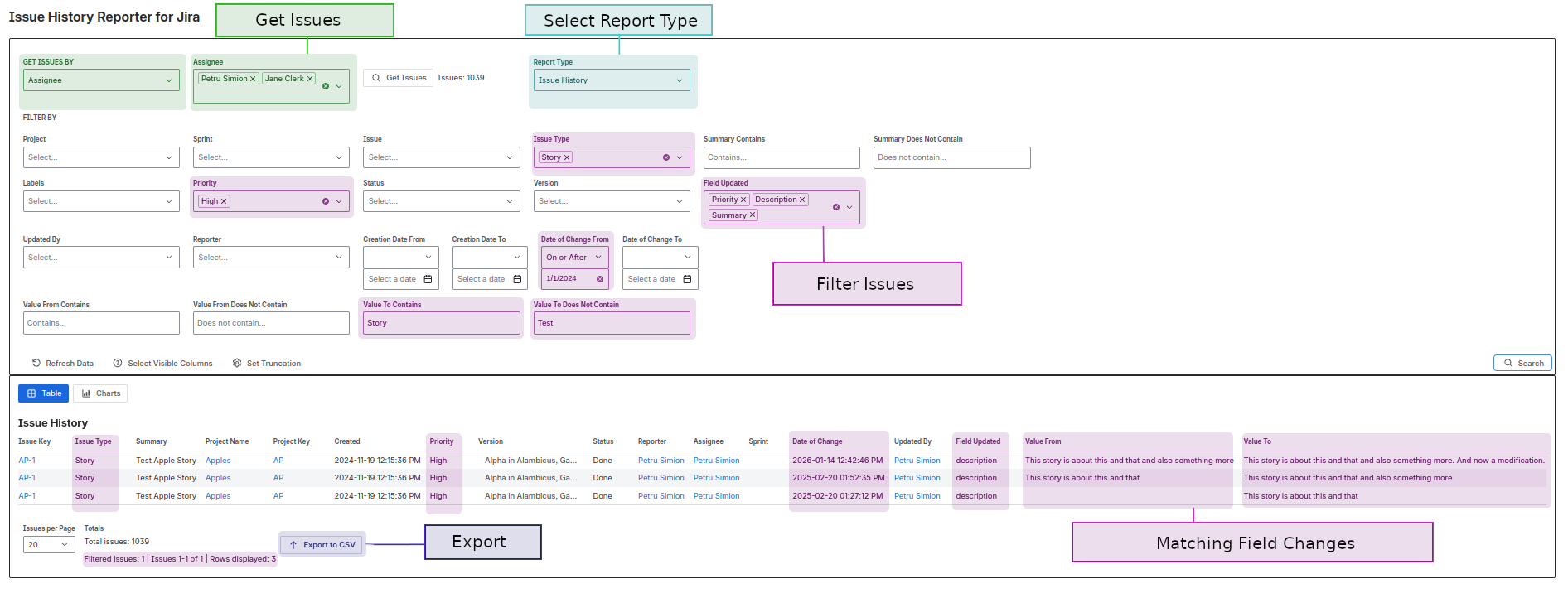 Load issues by selecting a load-by value, refine the results using filters, review the matching issues in a table, and export the filtered data to CSV for further analysis.