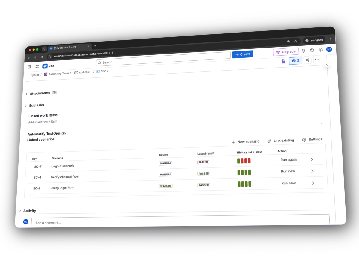 View linked test cases, BDD scenarios, automation status and recent executions directly from the Jira issue.