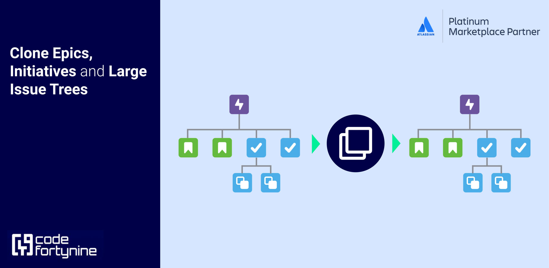 ➕ Duplicate recurring template Epics plus their child issues and keep their hierarchy. 
🏙️ Easily clone Initiatives and larger issue trees. 
📃 Create templates and copy them to other projects, sprints and boards.