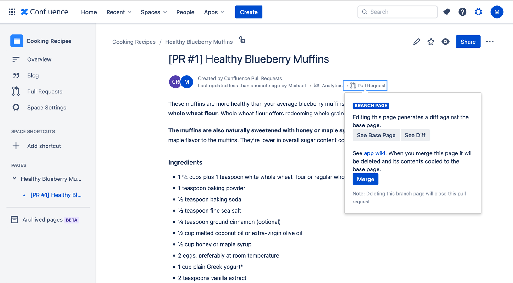 Inline page dialog containing details of pull request