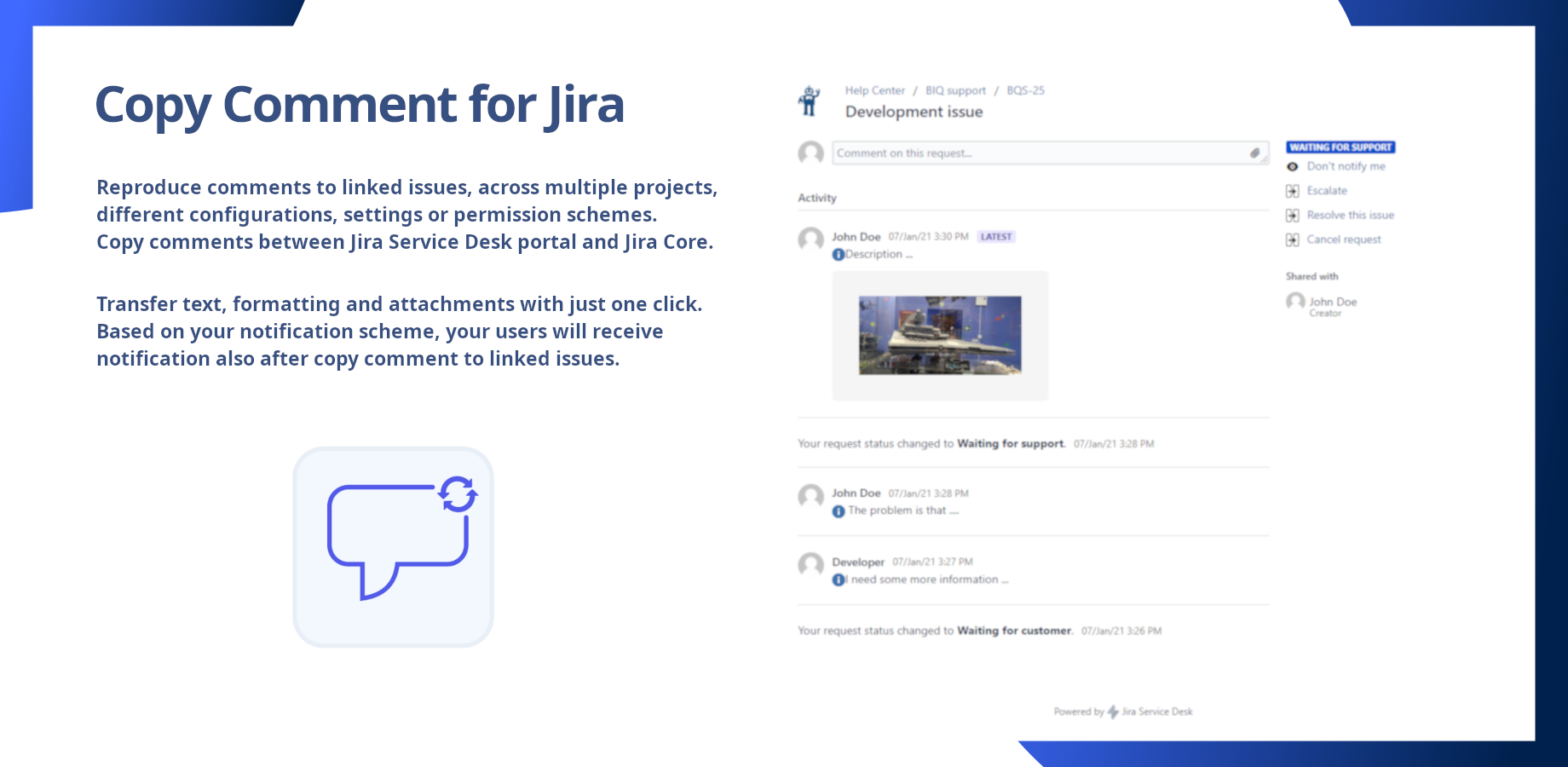 Copy your comment to linked issues with one click