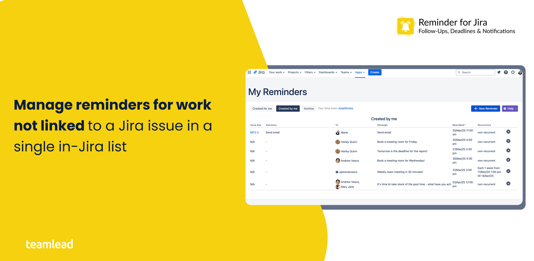 Manage reminders for work not linked to a Jira issue in a single in-Jira list