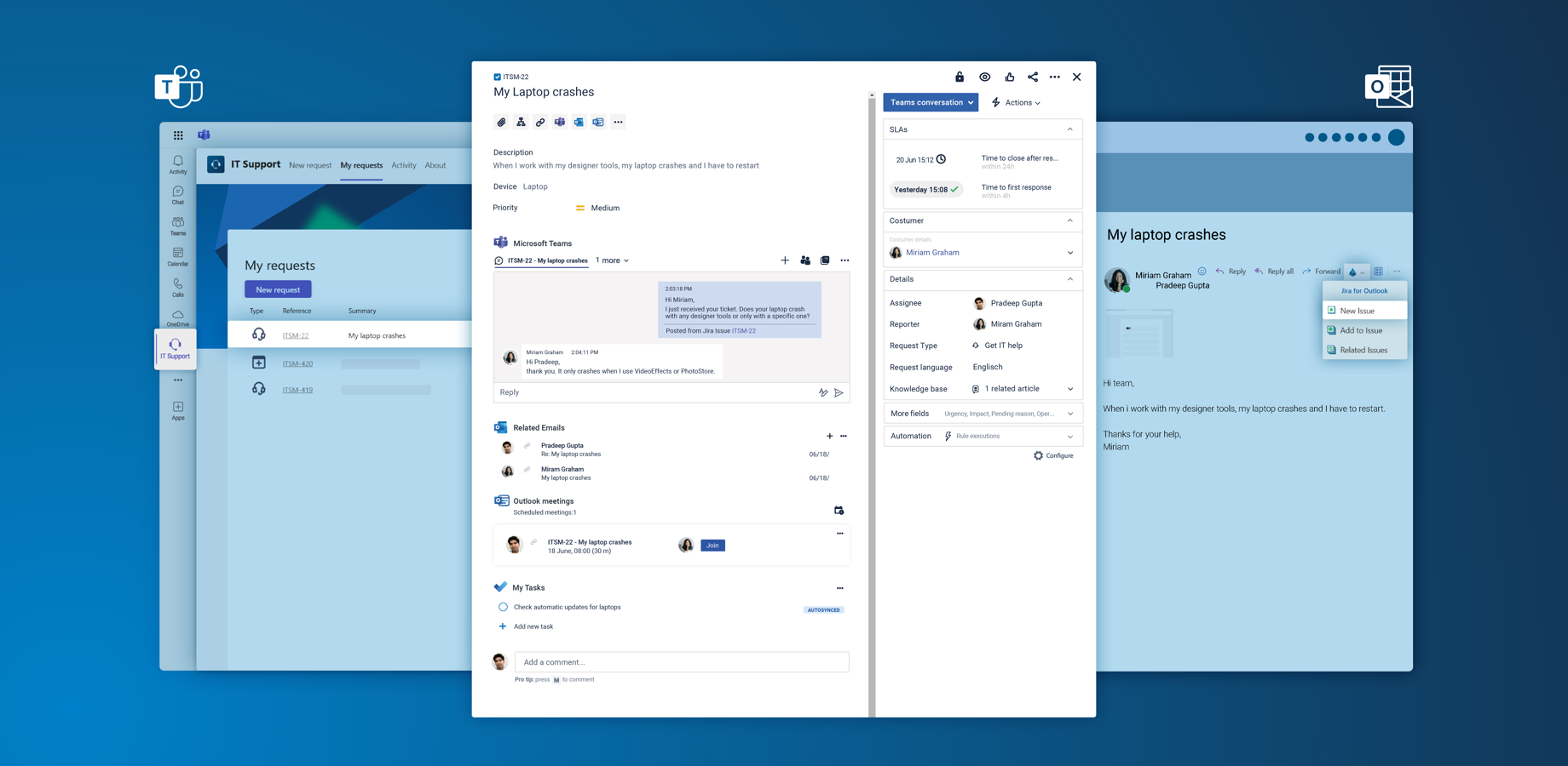 Bundle incoming tickets from Outlook or Microsoft Teams in Jira. Schedule meetings with your customers or open a Teams chat within the issue. Your alternative to Atlassian Assist.