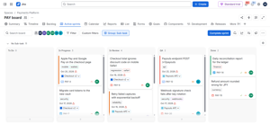 Board card colours from checklist JQL: green when the checklist is done, red when an item is overdue, orange while items are open.