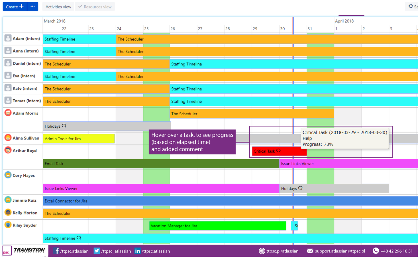 Create macro for setting up your employees activities/projects by days and hours. View results of your planning on the timeline and check progress of each activity.