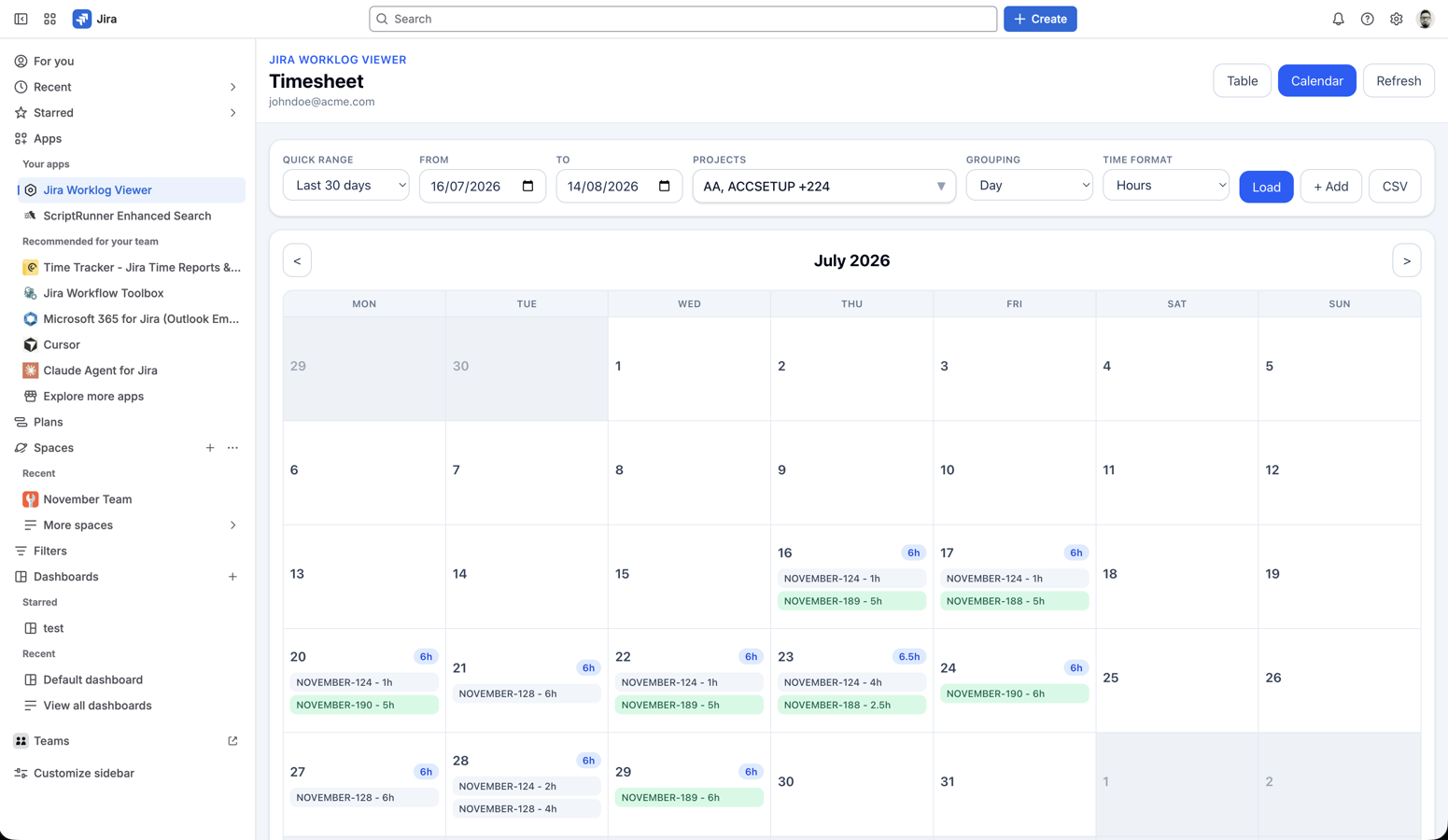 Calendar view — click any day to add a worklog, click an entry to edit it