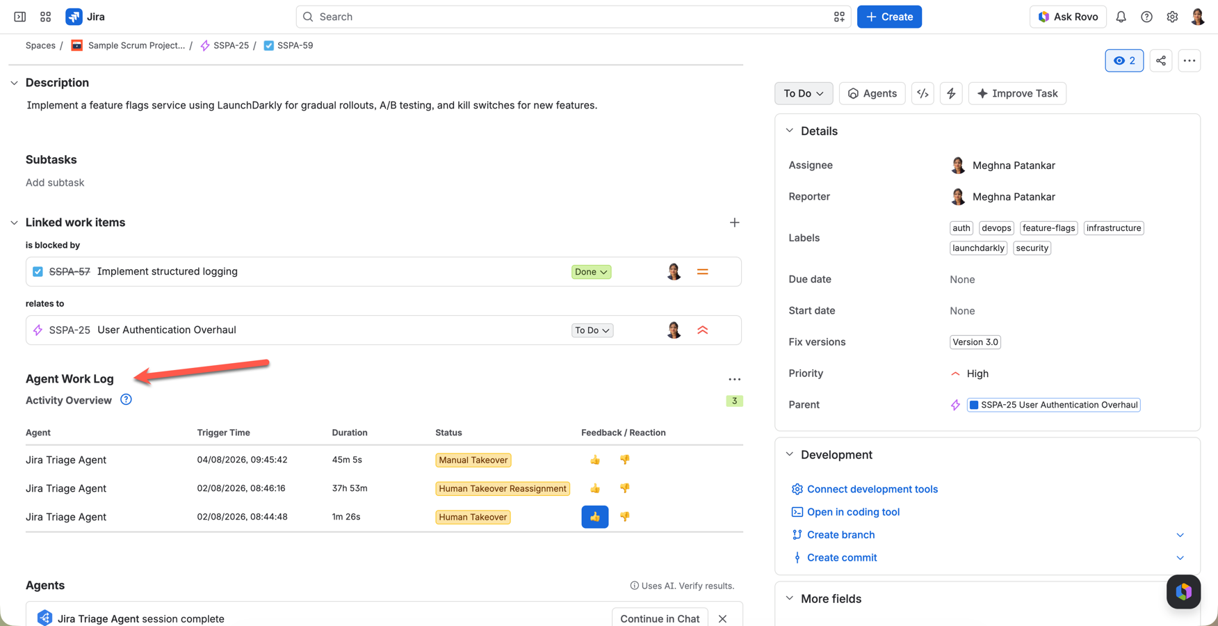 Jira Issue Glance displaying automated agent duration timer, human takeover notification, and instant quality feedback buttons.