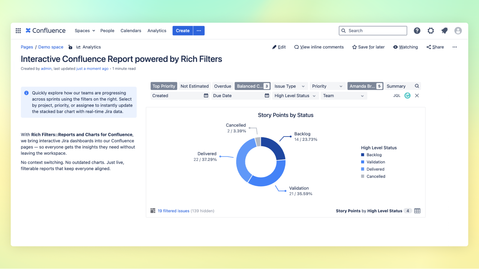 Confluence page with a Rich Filters Chart macro embedded