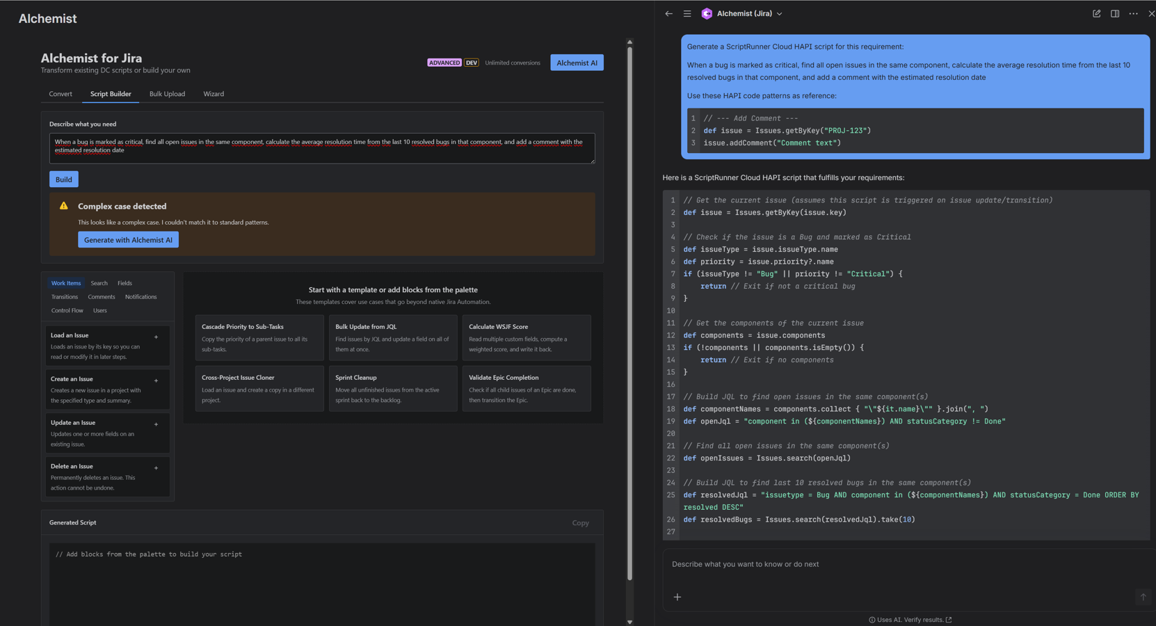 Alchemist's Rovo AI agent answering a question about an unconvertible DC script with a Cloud-native approach proposal.