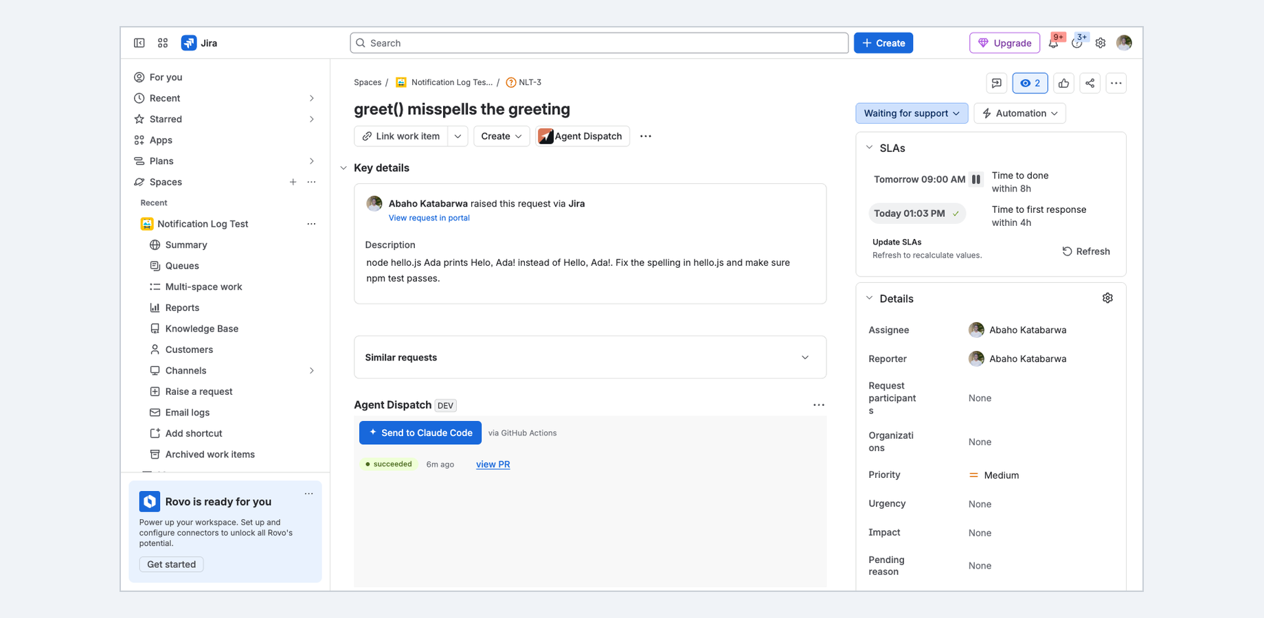 A Jira work item with the Agent Dispatch panel: one click on Send to agent, a succeeded run, and the view PR link.