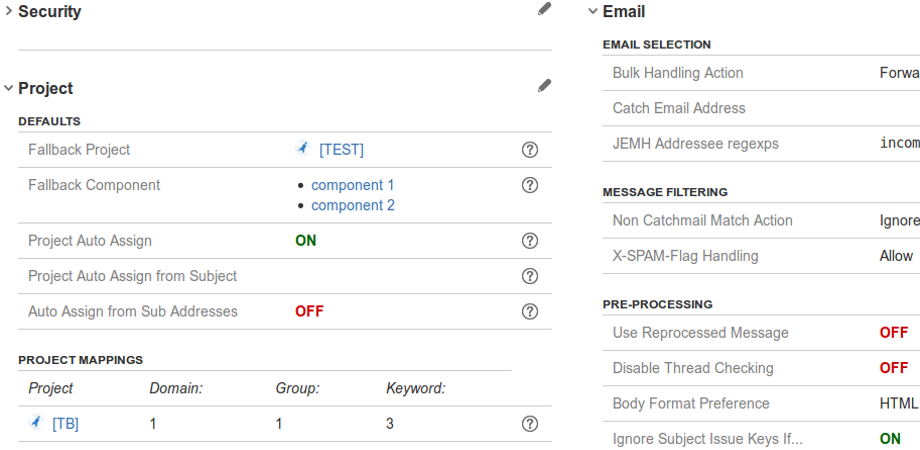 Shows the Projects section of the JEMH Configuration Profile. The Project Mappings shown at the bottom indicate the Profile can route incoming emails to many projects through mapping rules