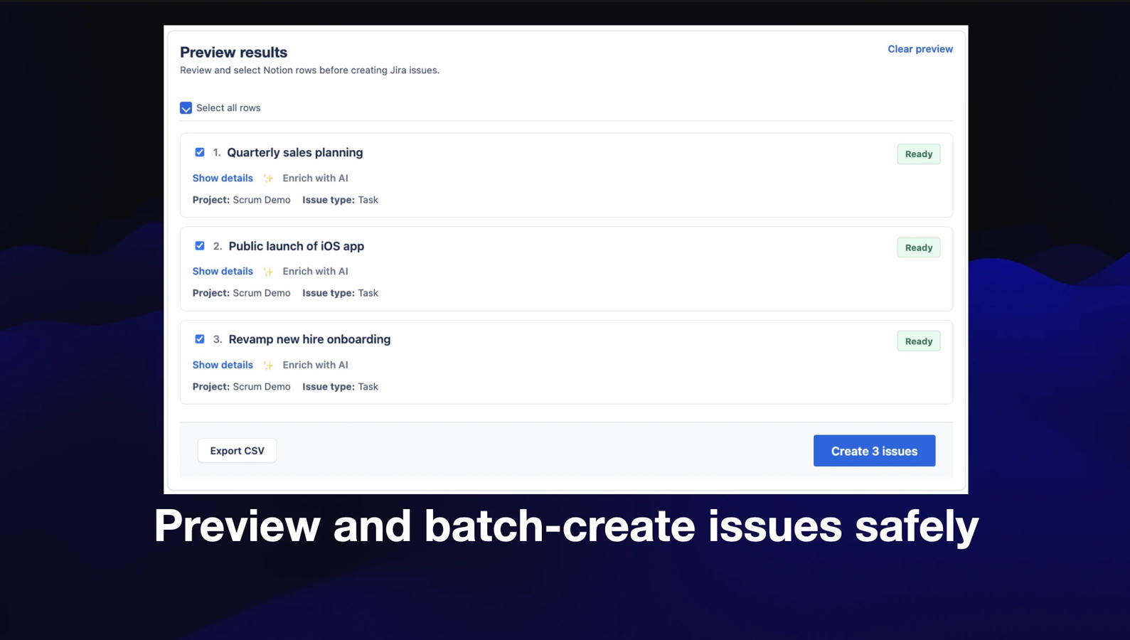 Preview and confirm batch issue creation
