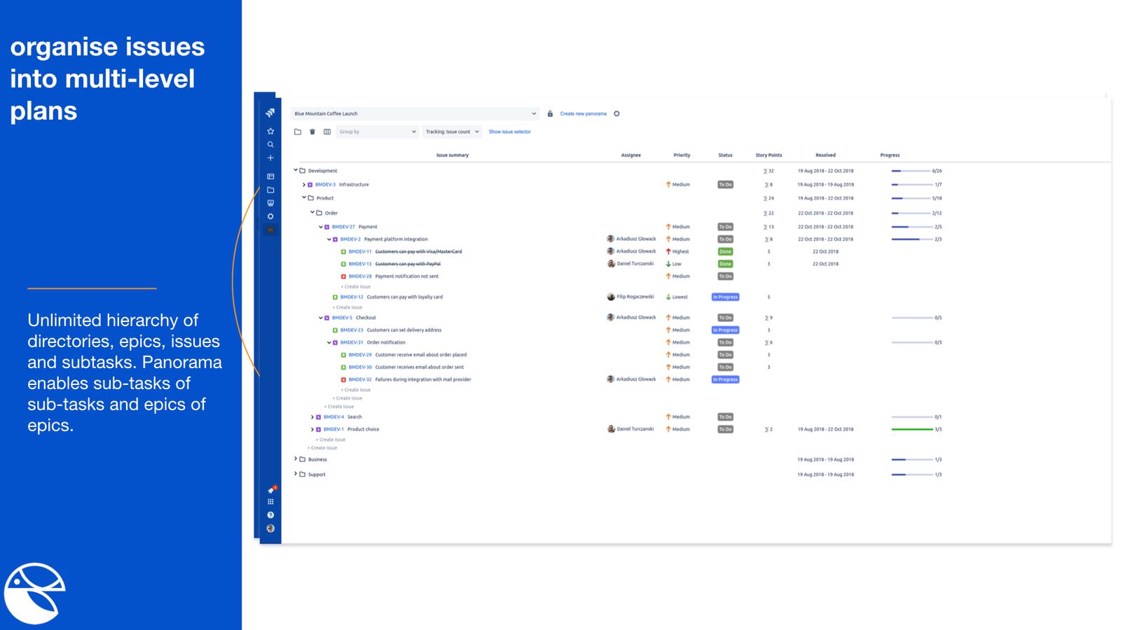 ​Organise your Jira into hierarchy views. Create directories in Jira and move your issues where needed. Group Jira issues under each other to organise and summarise your epics, issues and subtasks the way you need them.