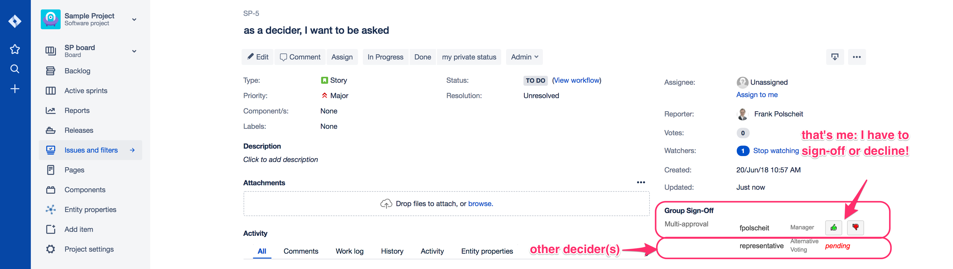 If you are a decider being listed, just click on "sign-off" or "decline" to document your decision.