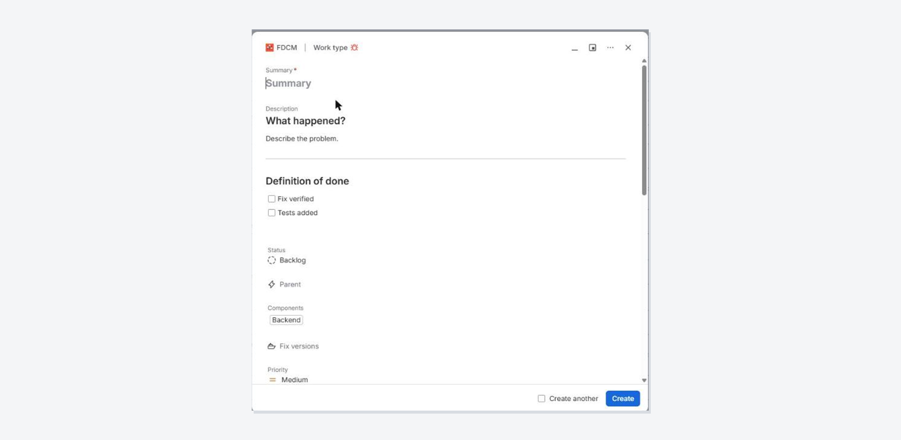 A bug report template pre-filled on the Jira create dialog, with the component already set