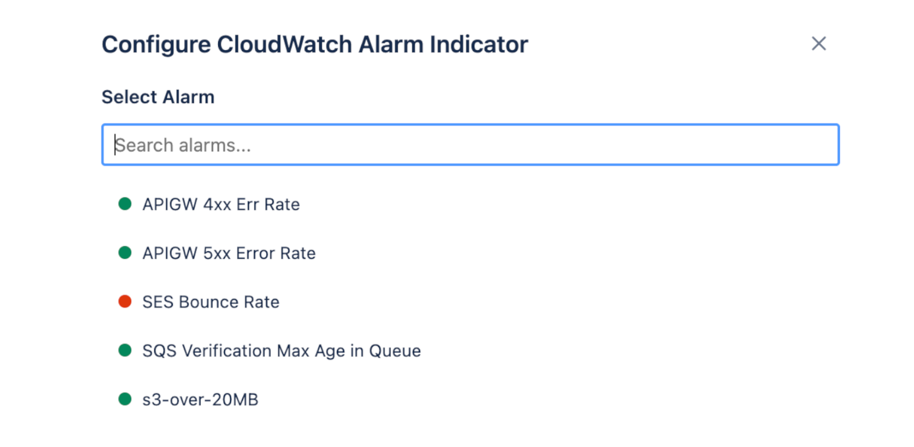 The alarm configuration dialog showing a searchable list of CloudWatch alarms from the selected AWS account, making it easy to find and select the right alarm to embed.