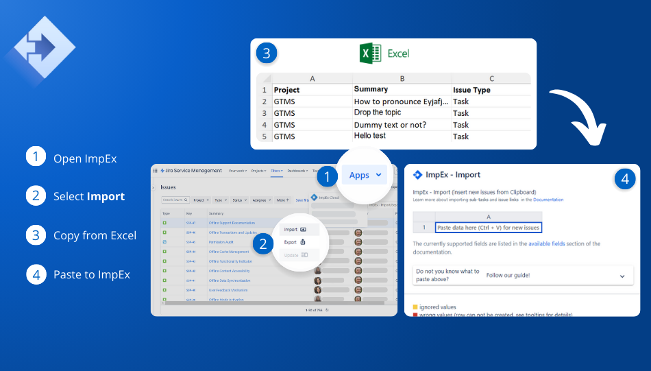 Import issues with ease in Jira. Copy the data in Excel and paste it into ImpEx!