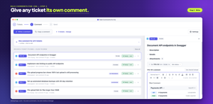Open any Jira issue in the list and write a comment just for that ticket, setting its status in the same pass — the panel on the right holds its description, details, attachments and editor.