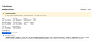 Project dashboard: budget vs actual spend, remaining balance, % used, and a burn-rate forecast that flags projects trending over budget. AI summary explaining what is driving the cost.