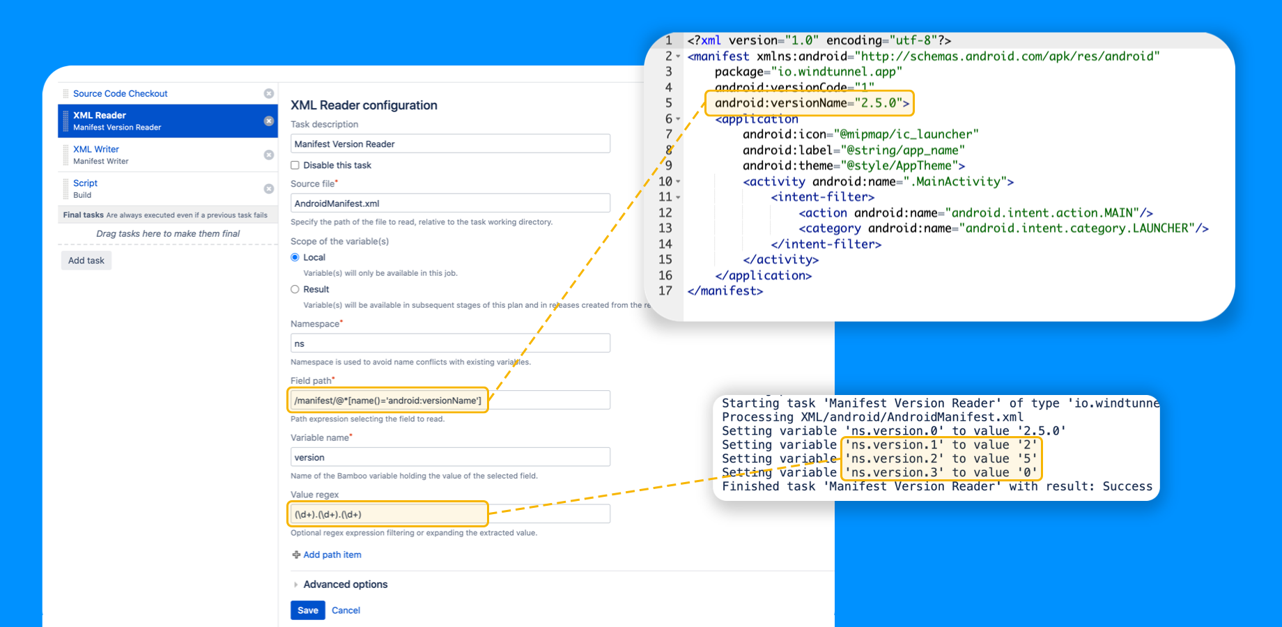 Variable creation from an AndroidManifest version field.