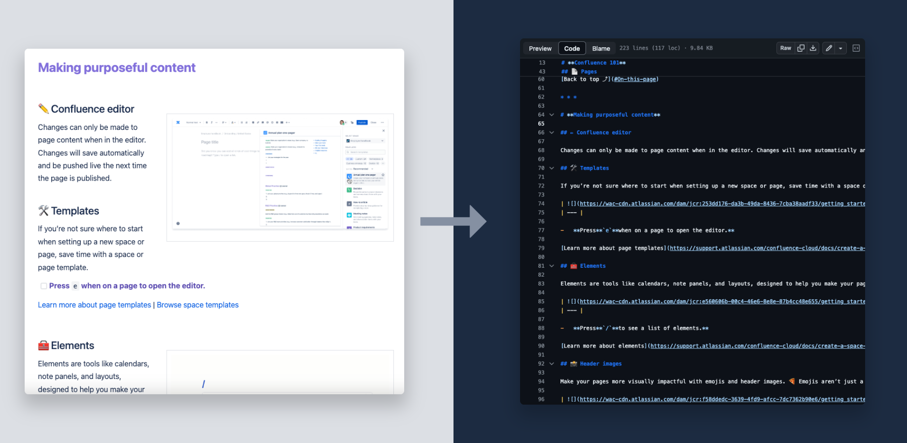 Exports your Confluence page to markdown code