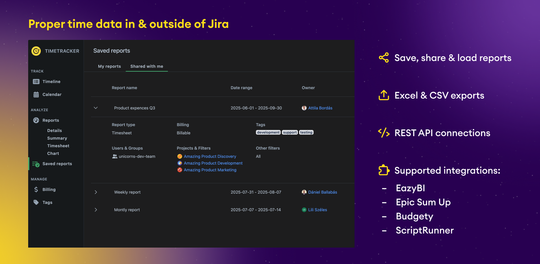 User-friendly time tracking with insightful timesheet reporting on worklogs to track your team's tempo and time spent