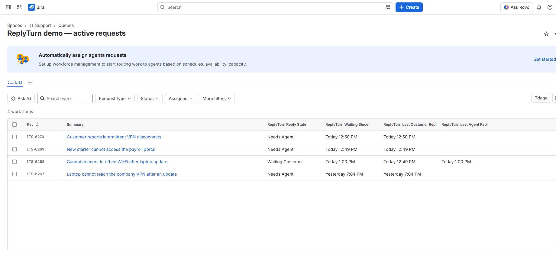 A real JSM queue shows Needs Agent and Waiting Customer side by side, with canonical public-reply timestamps.
