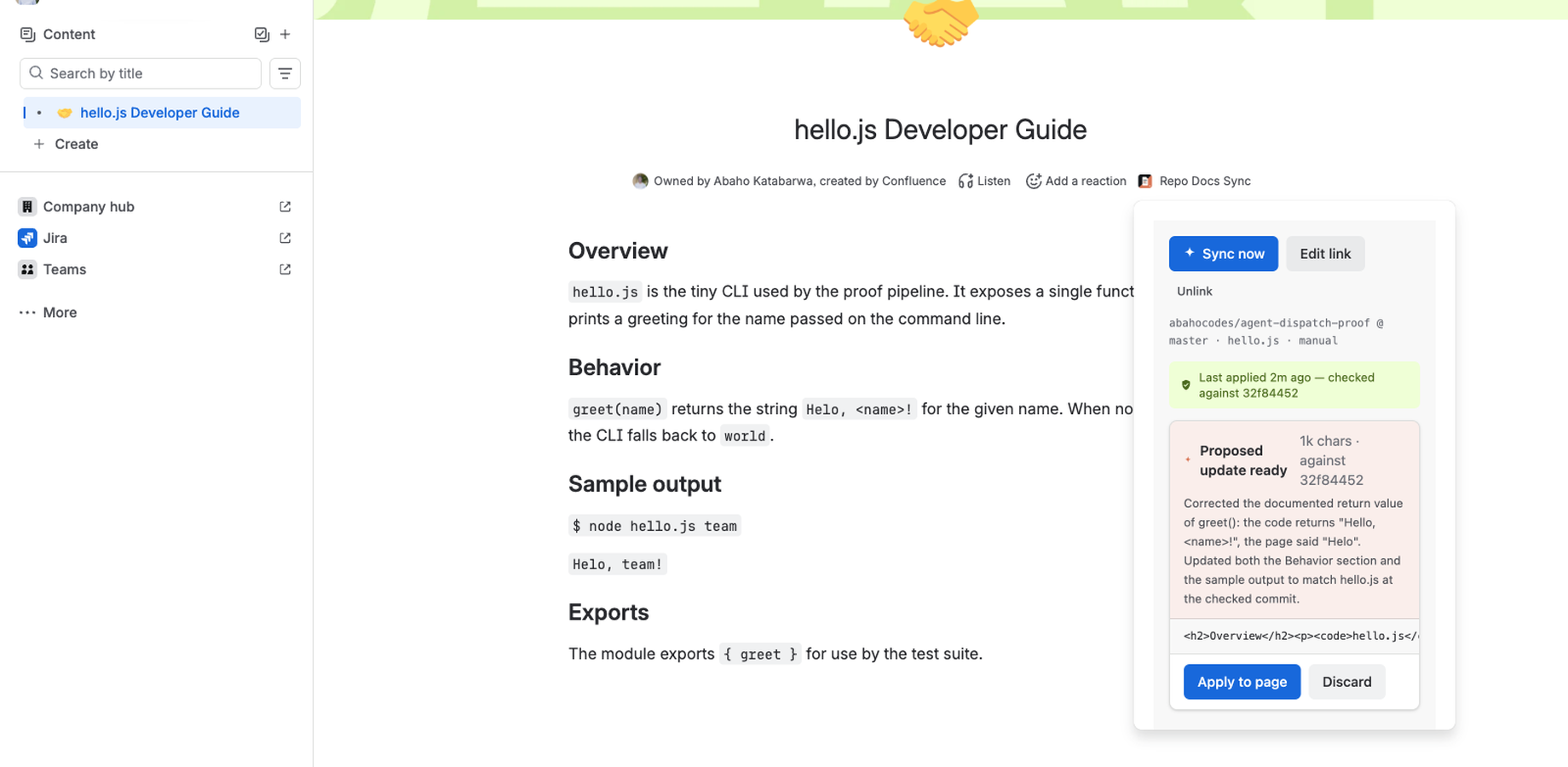 A proposal ready for review: the change summary, the corrected body preview, and the Apply to page and Discard buttons.