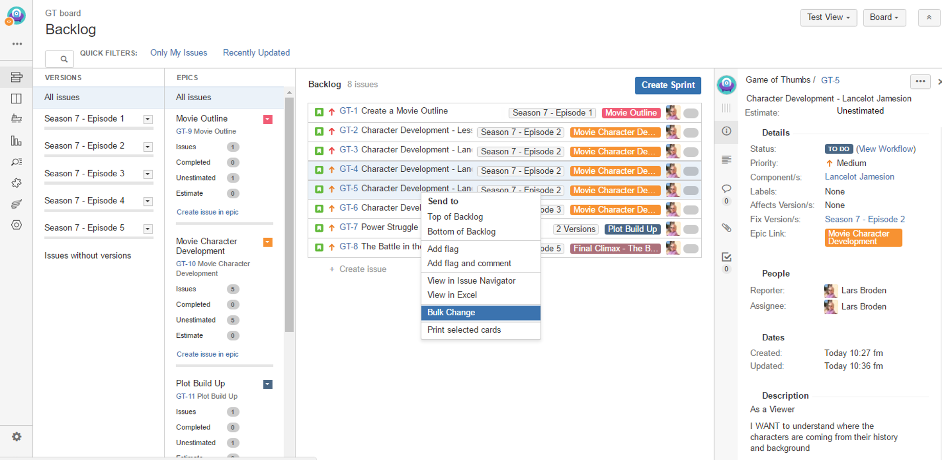 Once you have chosen the Backlog Items you want to Bulk Clone, right click to select the "Bulk Change" option.
