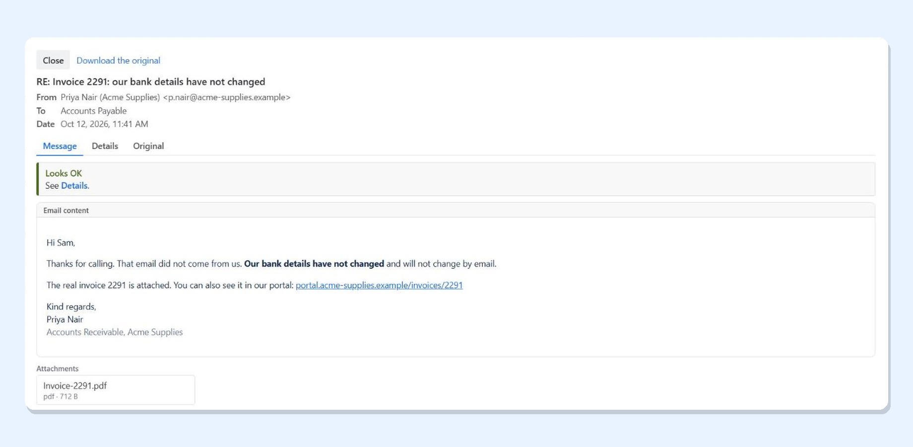A readable email on a work item, with its attachment and a verdict in plain words.