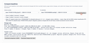 Compare two baselines and download a change note with the recorded reasons, ready for controlled document reissue.