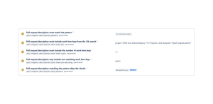 Ensure pull request descriptions follow a specific format using regular expressions. Require one or more valid work item keys and define how non-matching or non-existent keys are processed.