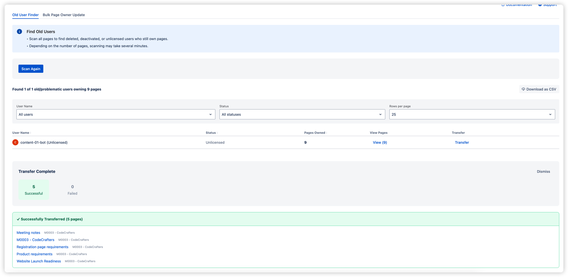 Transfer complete view showing 5 successful transfers with zero failures, along with a detailed list of transferred pages and their spaces.