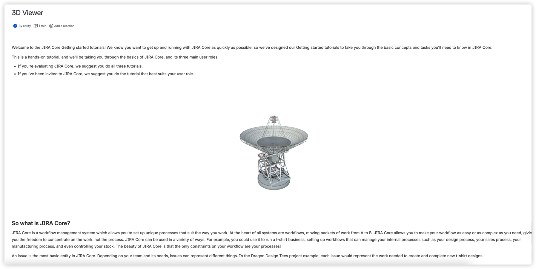 3D Viewer macro embedded in a Confluence page. The interactive model is seamlessly integrated with page content, allowing users to explore 3D designs while reading documentation without leaving the page.