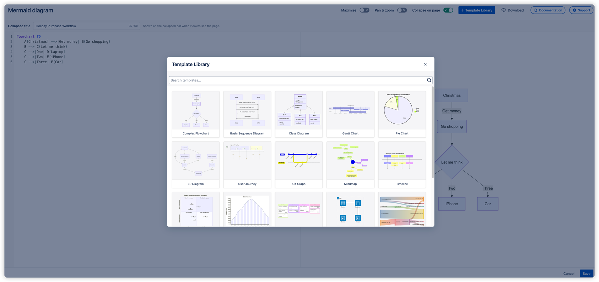 The Template Library offers 18+ pre-built diagram templates across multiple categories. Use the search bar to filter by name, then click any template to load it instantly into the editor.