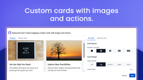 Create custom cards with images, titles, text, and clickable actions. Arrange them in grids of up to five columns to build visual hub pages, team directories and resource links.