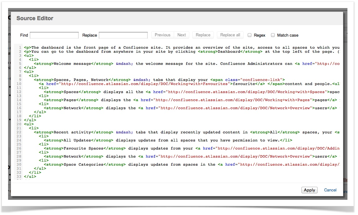 Usage of confluence source editor